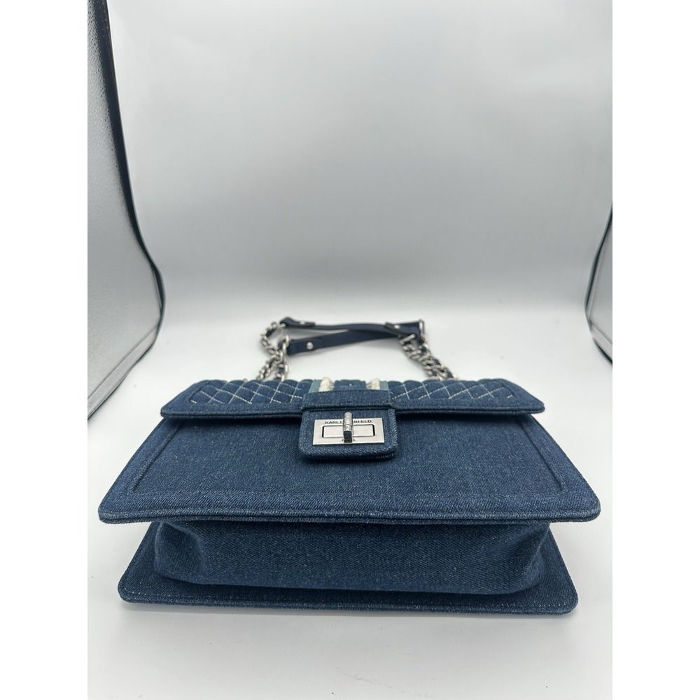 Karl Lagerfeld Agyness Signature Blue Chambray Canvas Shoulder Bag - Picture 3 of 13